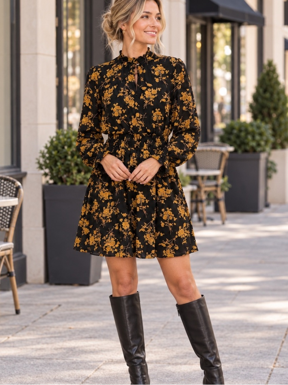 NWT Phixworld Black Gold Floral Smocked Mini Dress Small